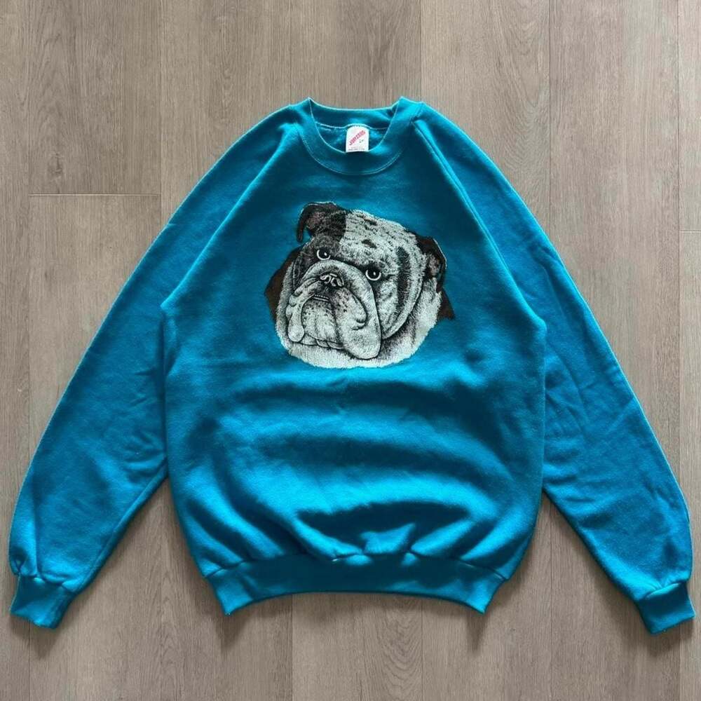 Vintage Jerzees Teal Bulldog Graphic Sweatshirt Size L Made in USA